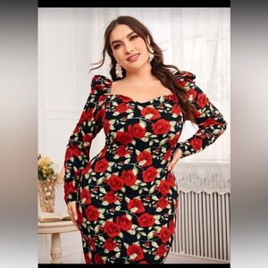 Pre-Loved Black Floral Sweetheart Midi Dress with Long Puff Sleeves